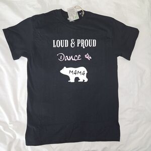 Hand Crafted Black Short Sleeve Tee with White & Pink Dance Mama Graphic